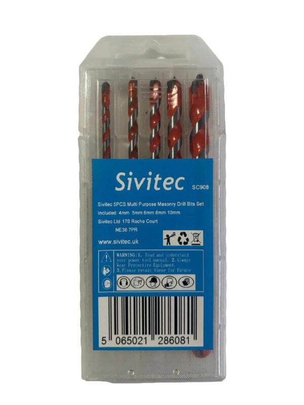 Sivitec 5PCs Multi Purpose Masonry Drill Bit Set for Concrete Brick Hard Tile, Porcelain Plastic Wood - Carbide Drill Bit Tip 4mm 5mm 6mm 8mm and 10mm